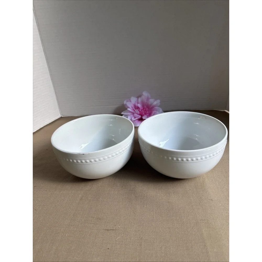 2 FITZ AND FLOYD EVERYDAY WHITE BEADED SOUP CEREAL BOWLS SET OF 2 - 5.5